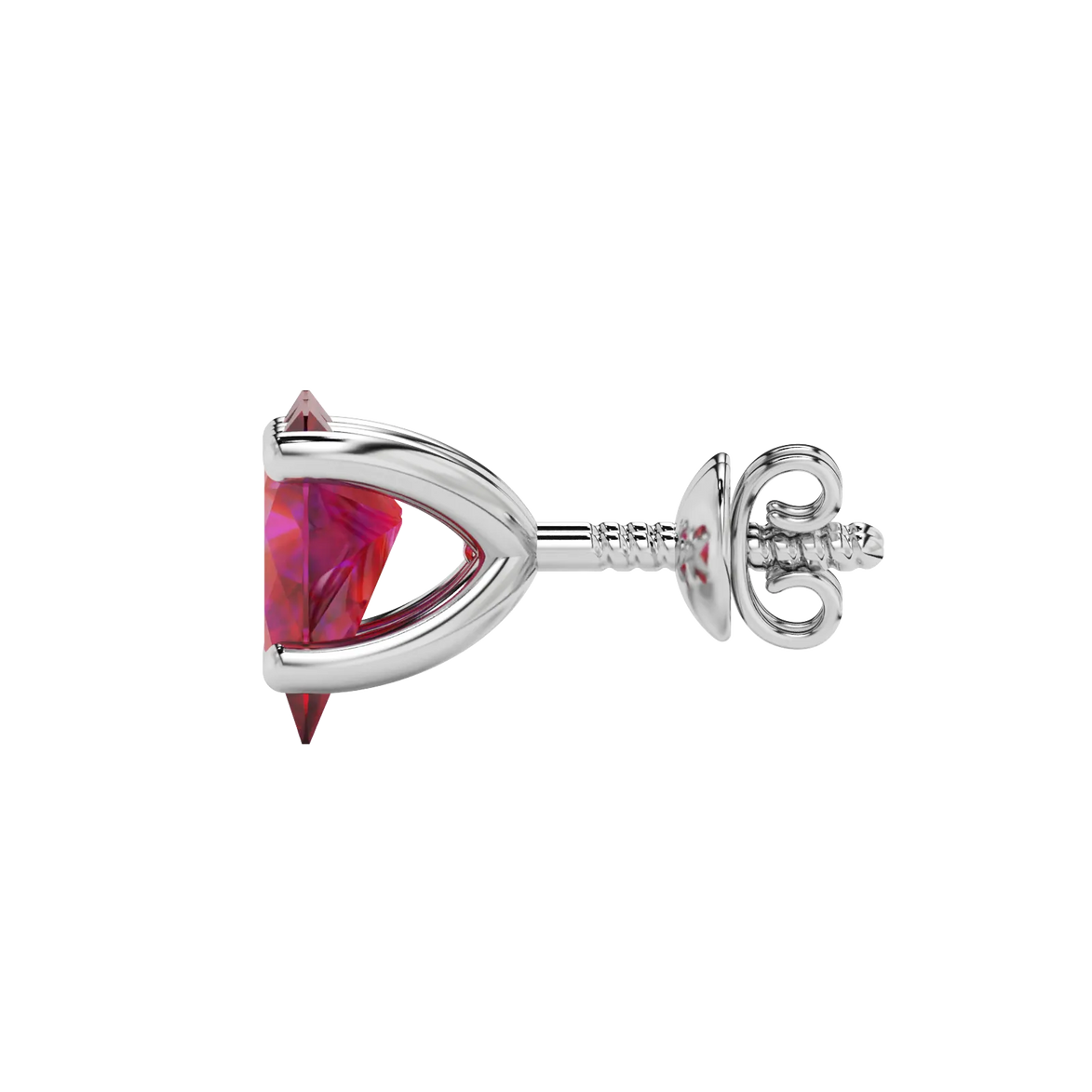 Side profile, white gold raspberry red earrings, four-prong gallery.