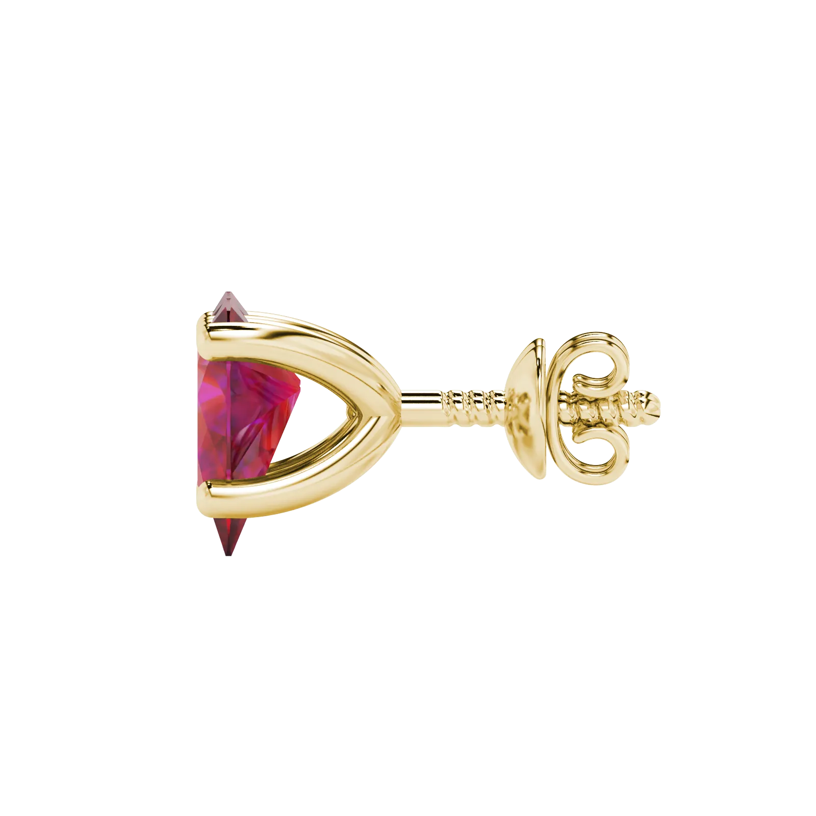 Side profile, yellow gold raspberry red earrings, four-prong gallery.