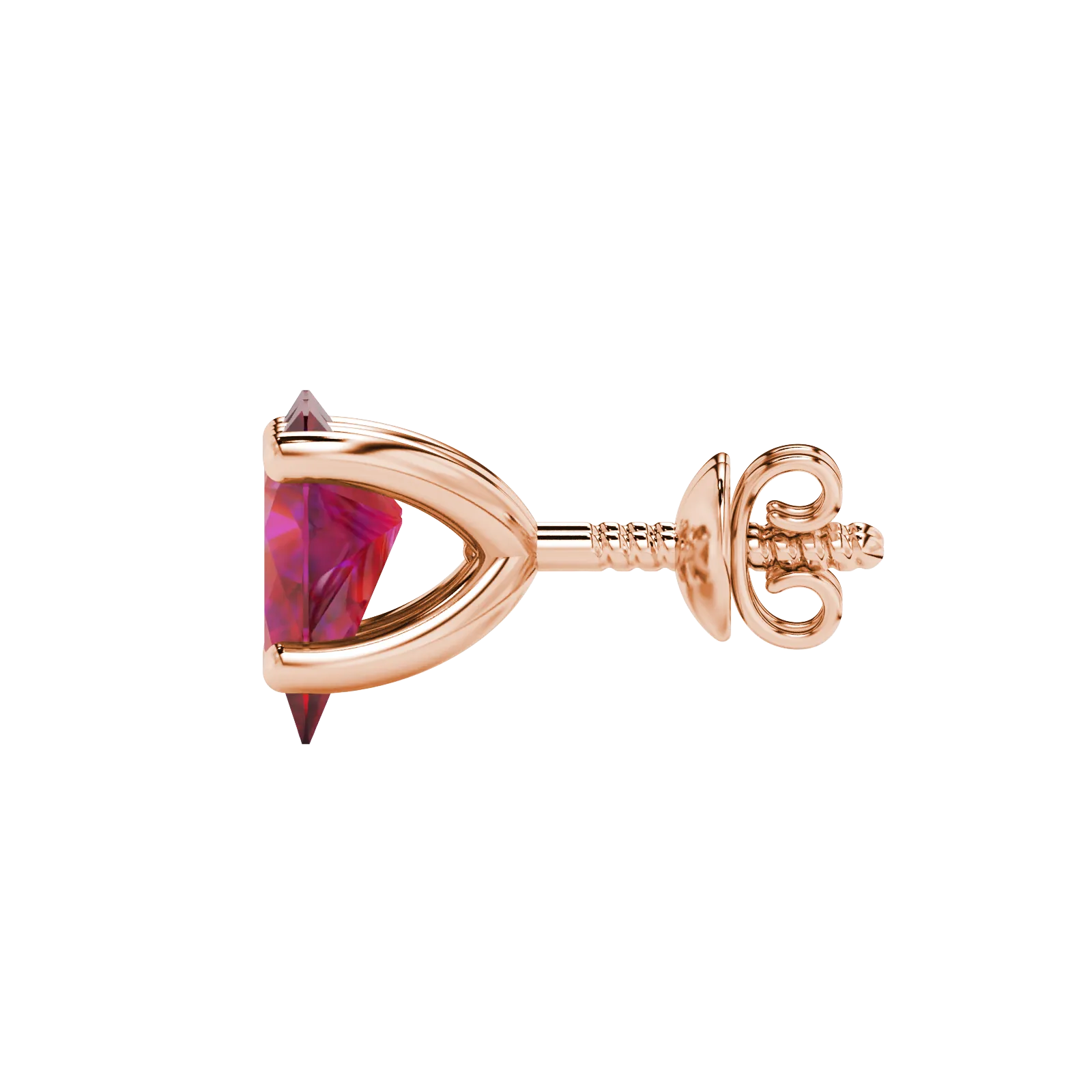 Side profile, rose gold raspberry red earrings, four-prong gallery.
