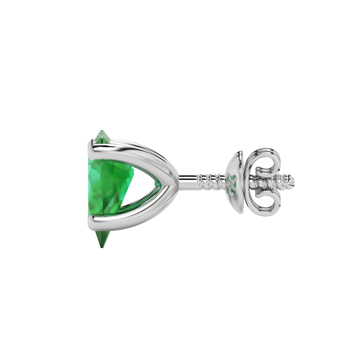 Side profile, white gold emerald green earrings, four-prong gallery.