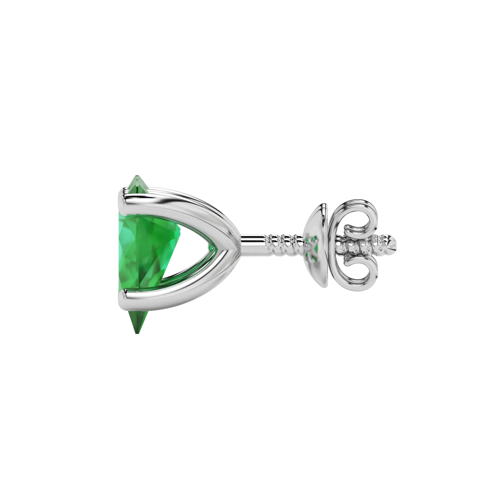 Side profile, white gold emerald green earrings, four-prong gallery.