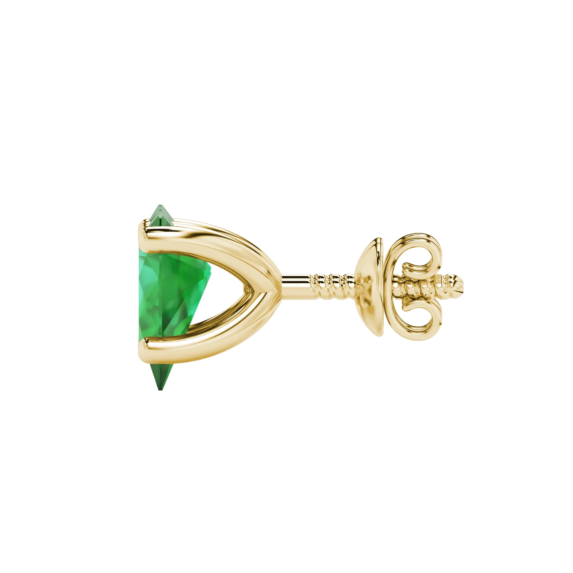 Side profile, yellow gold emerald green earrings, four-prong gallery.