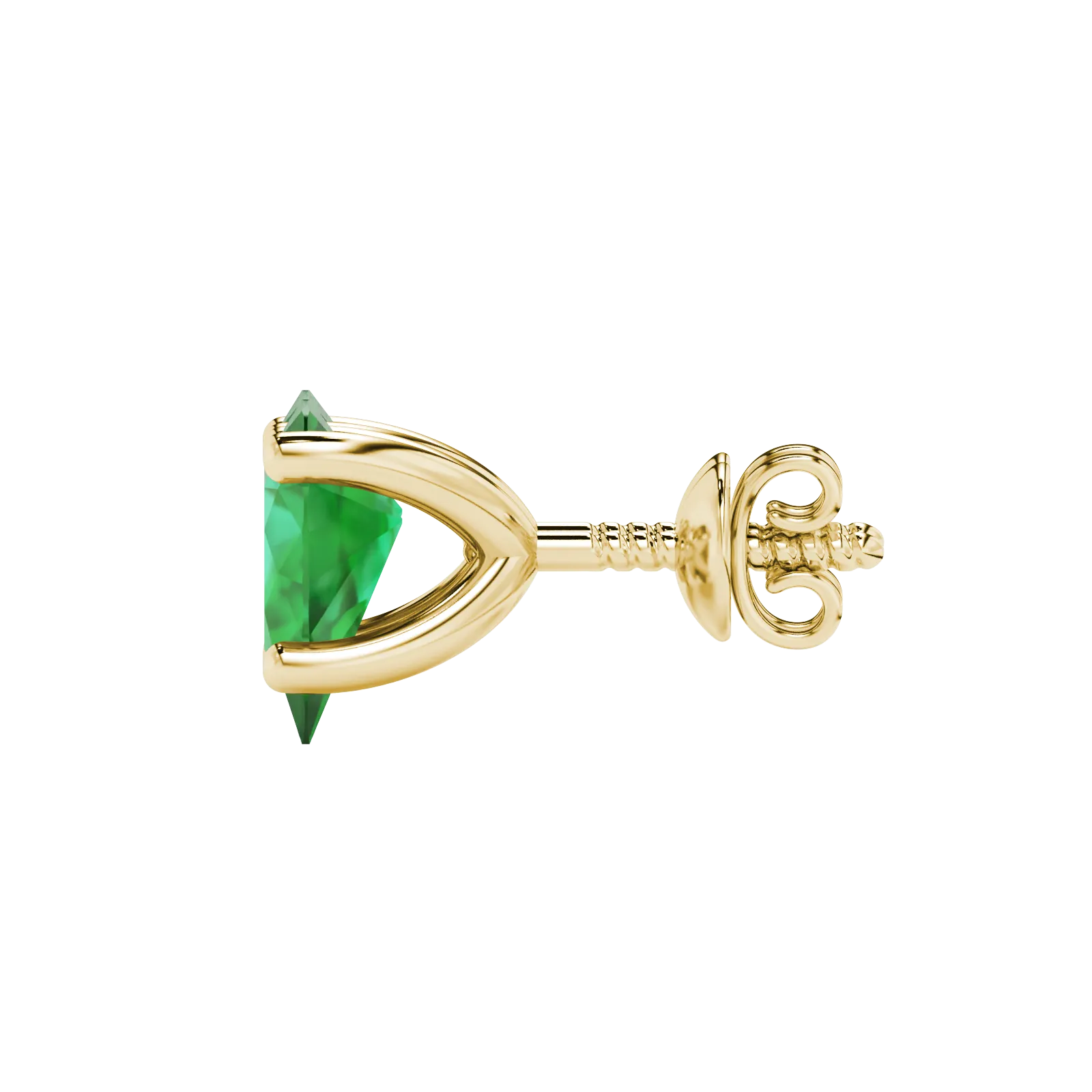 Side profile, yellow gold emerald green earrings, four-prong gallery.