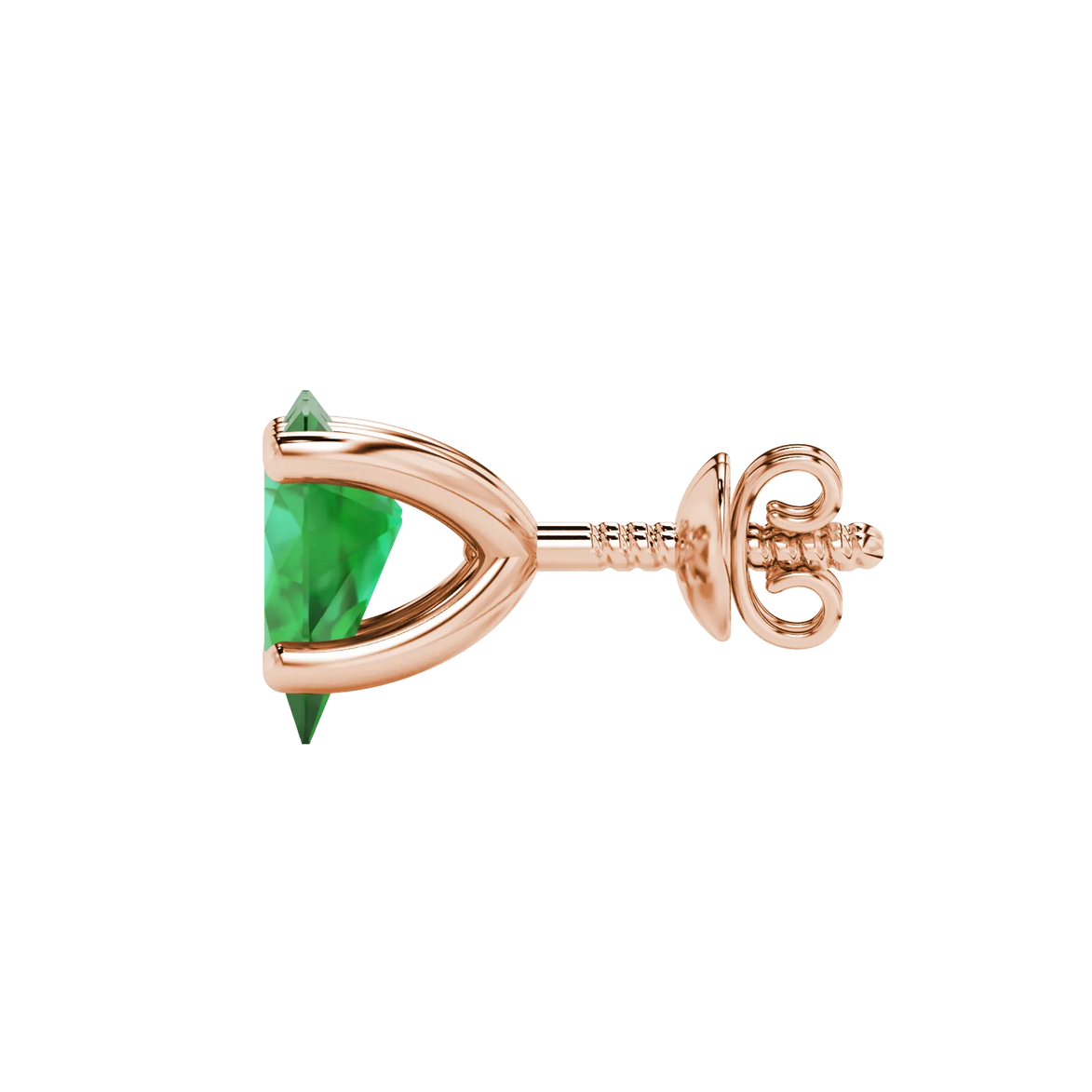 Side profile, rose gold emerald green earrings, four-prong gallery.
