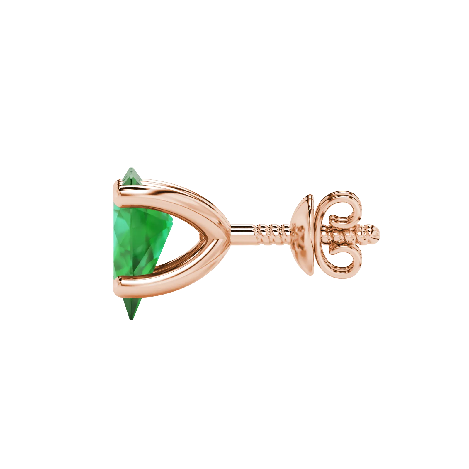 Side profile, rose gold emerald green earrings, four-prong gallery.