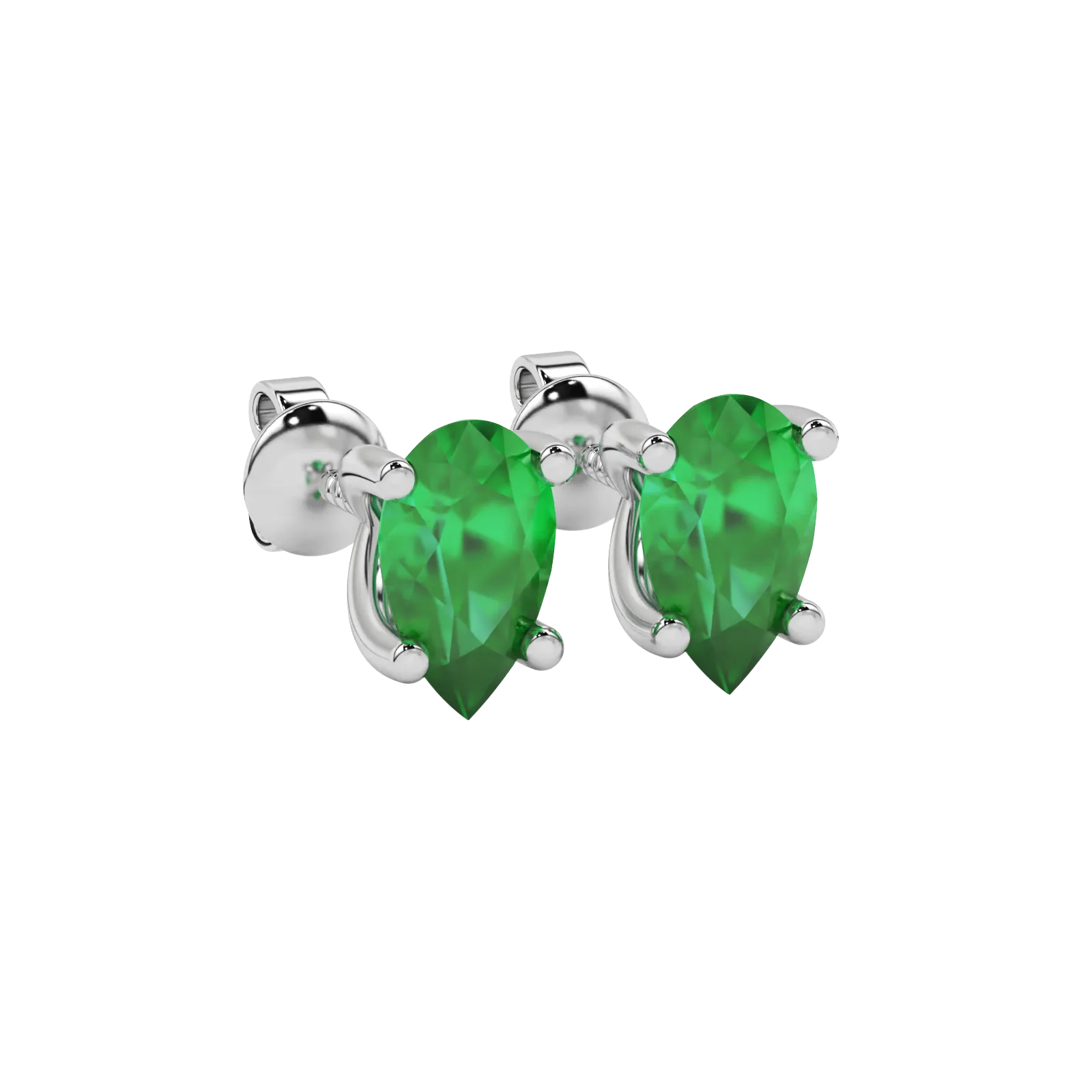 Close-up emerald green gemstone, white gold four-prong setting.