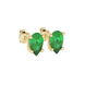 Close-up, pear shape emerald green gemstone, yellow gold four-prong earrings.