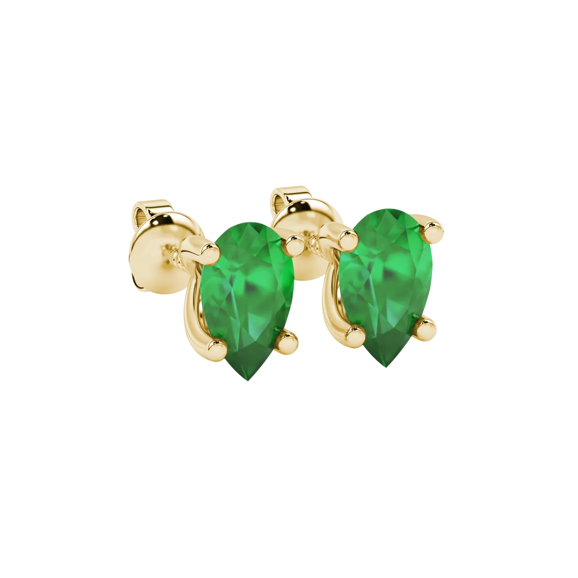 Close-up, pear shape emerald green gemstone, yellow gold four-prong earrings.