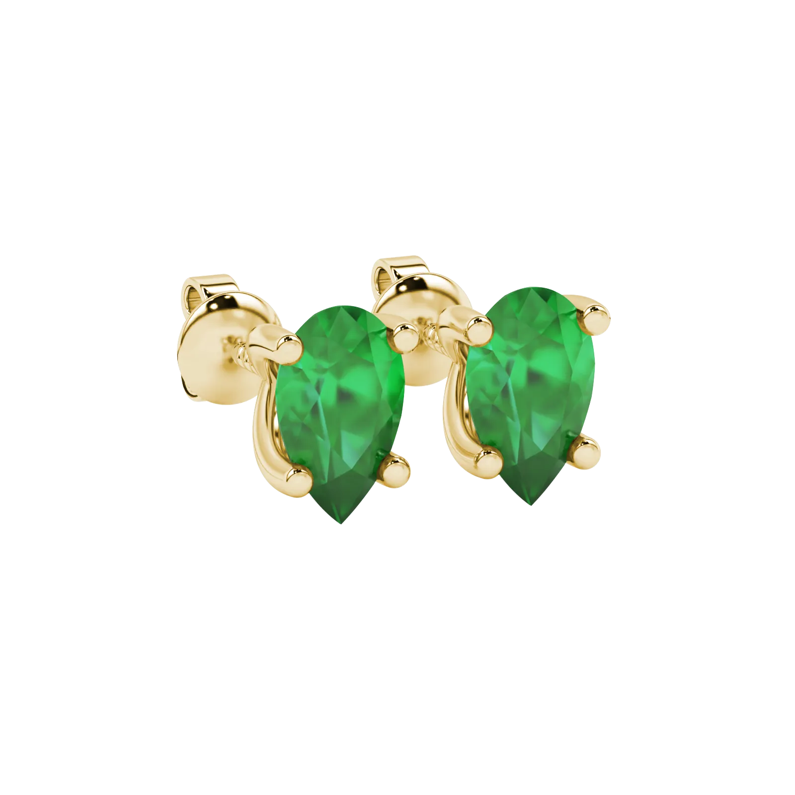 Close-up, pear shape emerald green gemstone, yellow gold four-prong earrings.