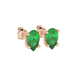 Close-up, pear shape emerald green gemstone earrings, rose gold four-prong setting.