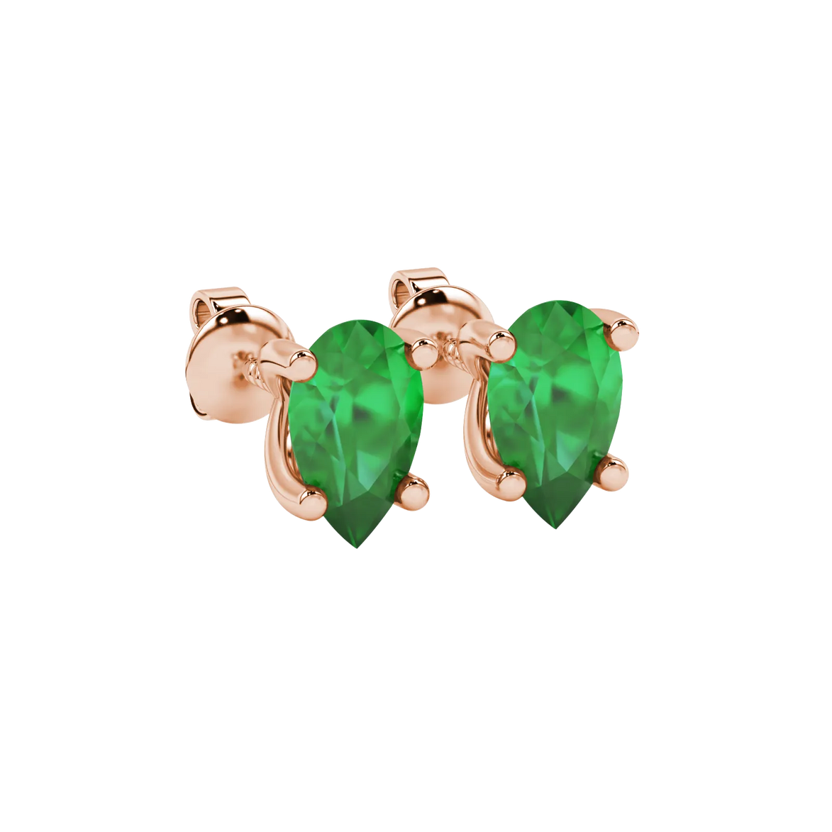 Close-up, pear shape emerald green gemstone earrings, rose gold four-prong setting.