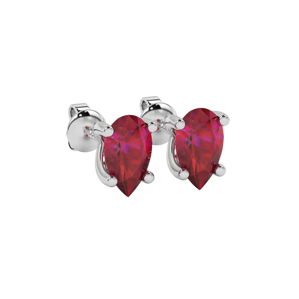 Close-up raspberry red gemstone, white gold four-prong setting.