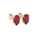 Close-up, pear shape raspberry red gemstone, yellow gold four-prong earrings.