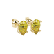 Close-up, pear shape canary yellow gemstone, yellow gold four-prong earrings.