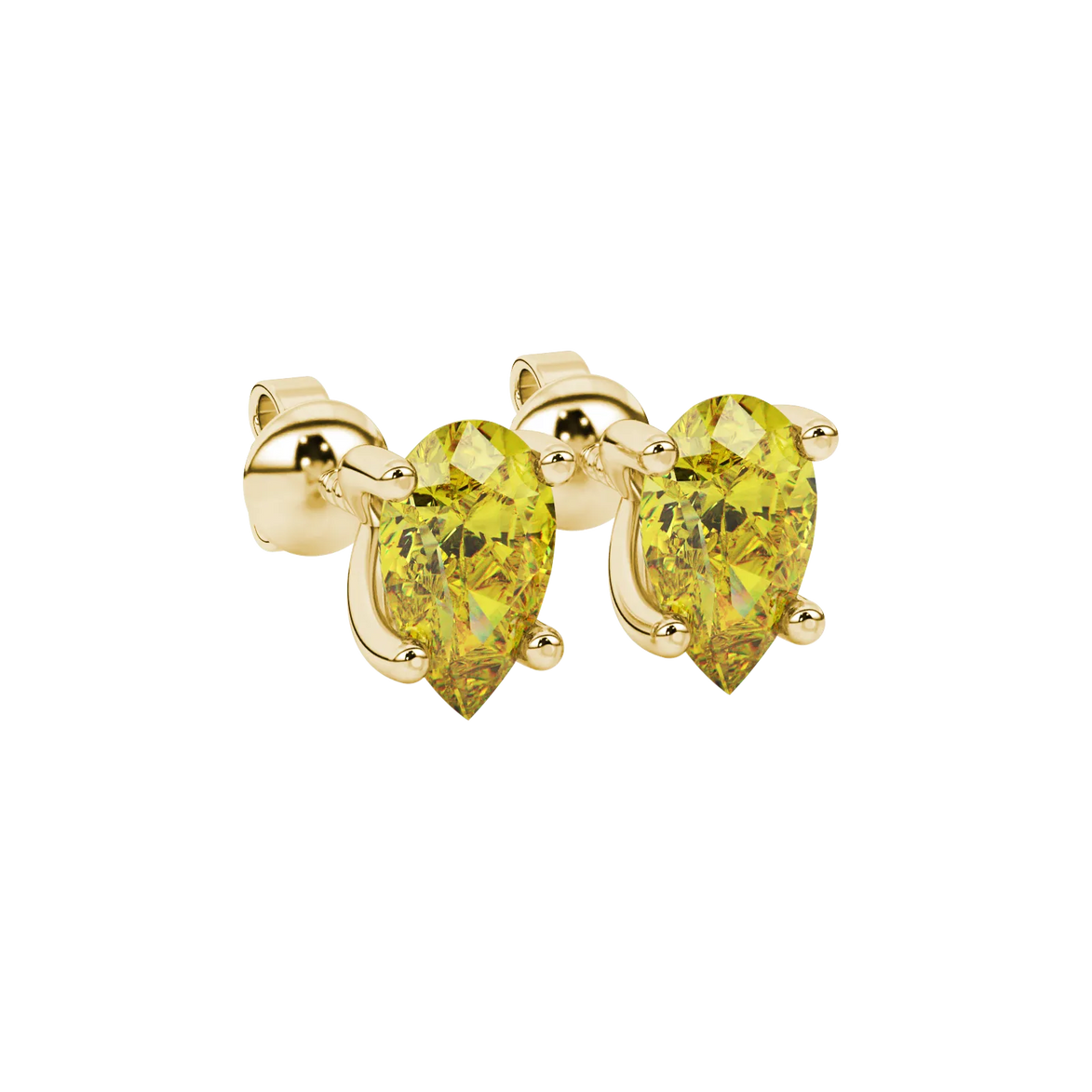 Close-up, pear shape canary yellow gemstone, yellow gold four-prong earrings.