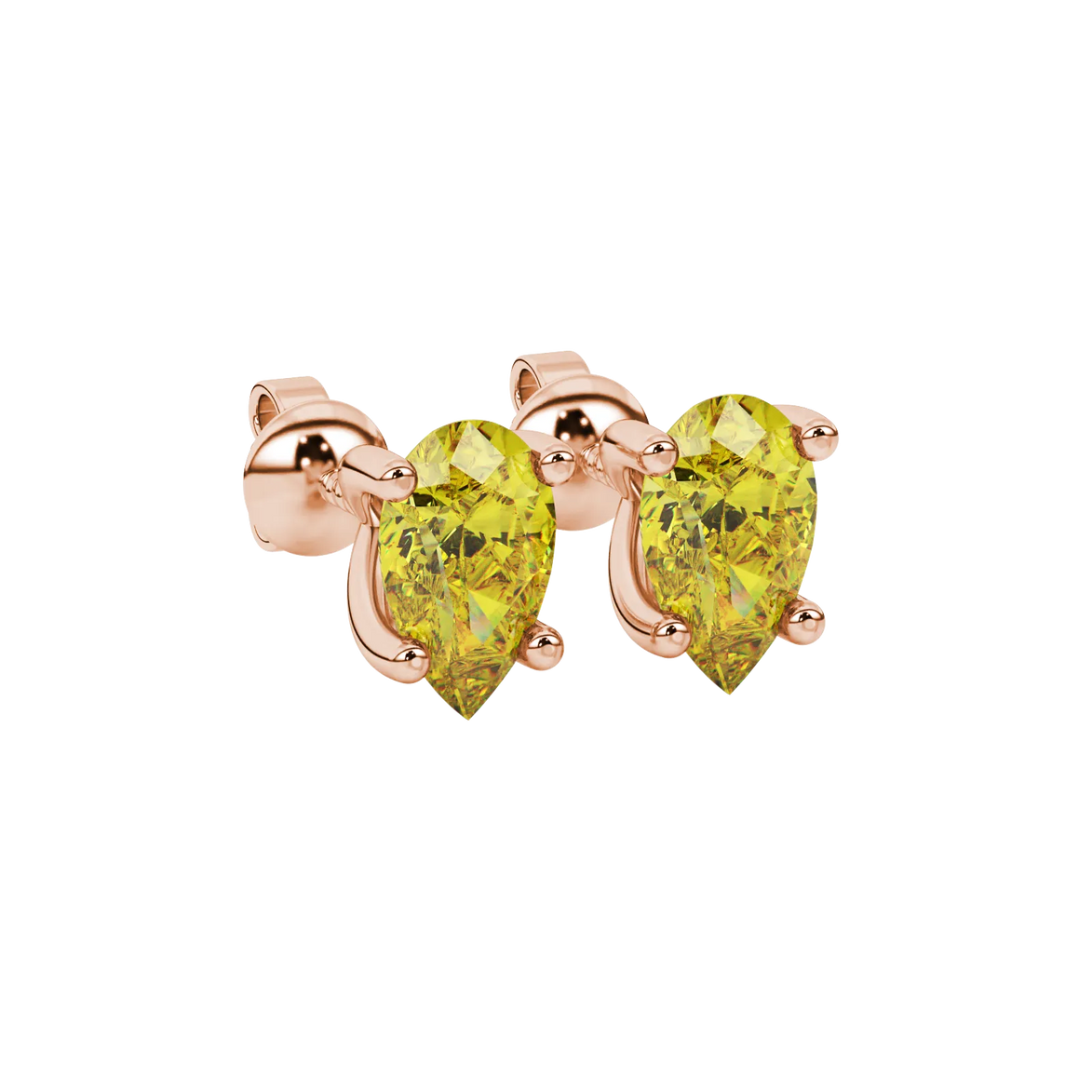 Close-up, pear shape canary yellow gemstone earrings, rose gold four-prong setting.