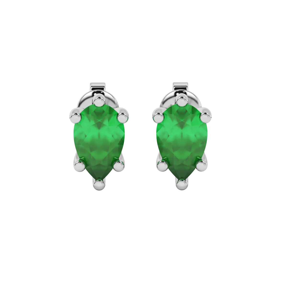 Pear shape emerald green gemstone earrings, white gold six-prong setting.