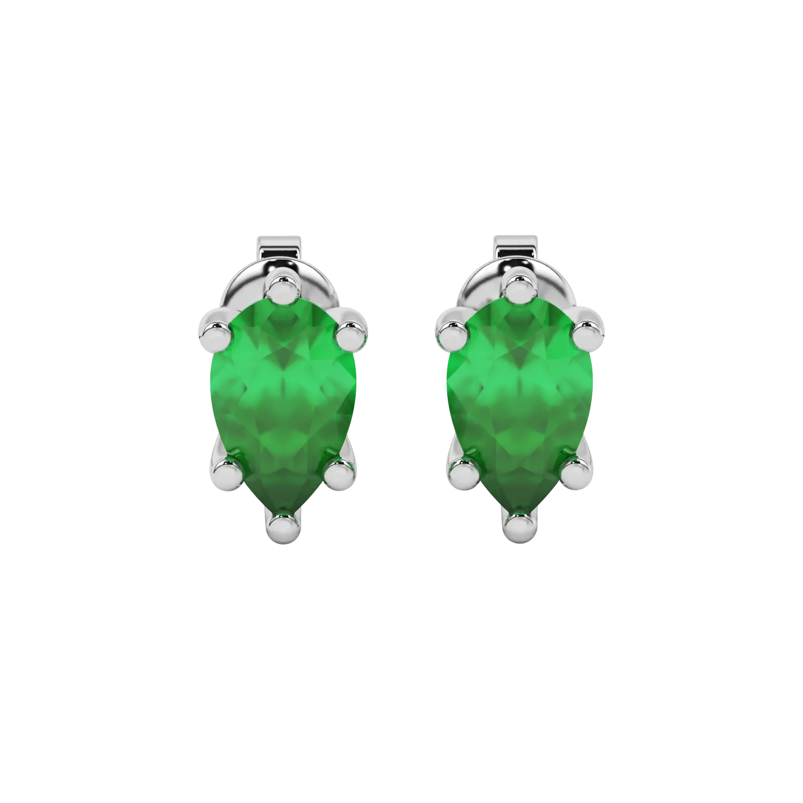Pear shape emerald green gemstone earrings, white gold six-prong setting.