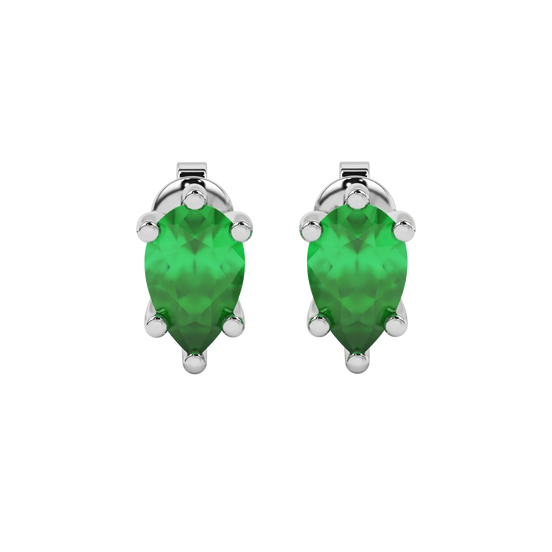 Pear shape emerald green gemstone earrings, white gold six-prong setting.