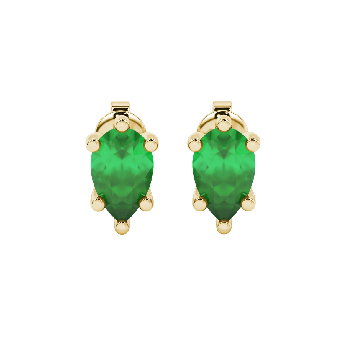 Pear shape emerald green gemstone earrings, yellow gold six-prong setting.
