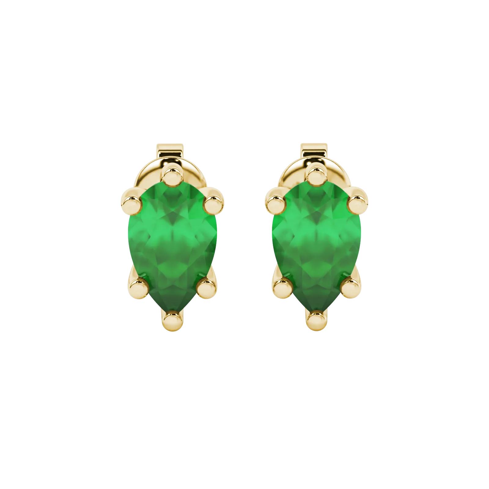 Pear shape emerald green gemstone earrings, yellow gold six-prong setting.