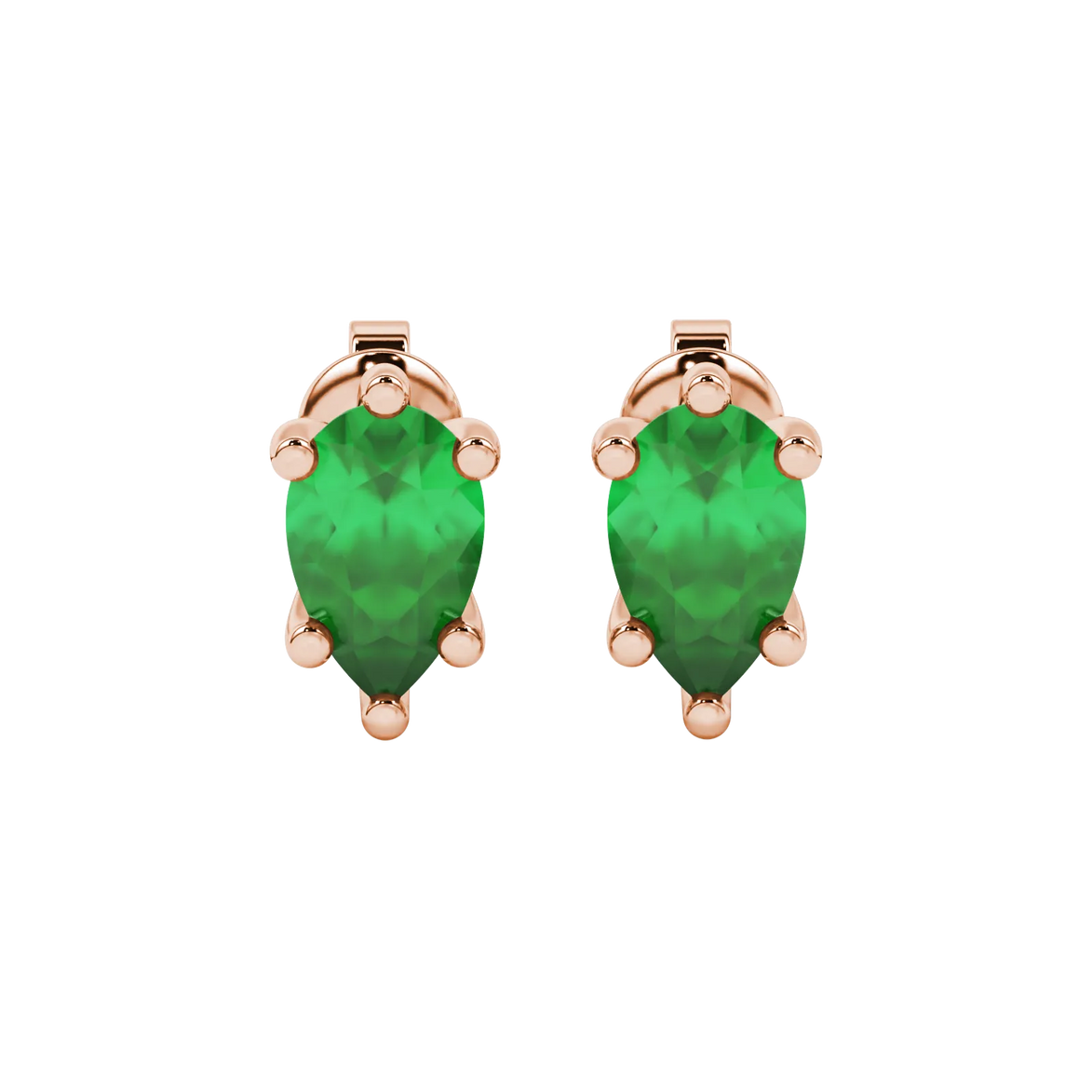 Pear shape emerald green gemstone earrings, rose gold six-prong setting.