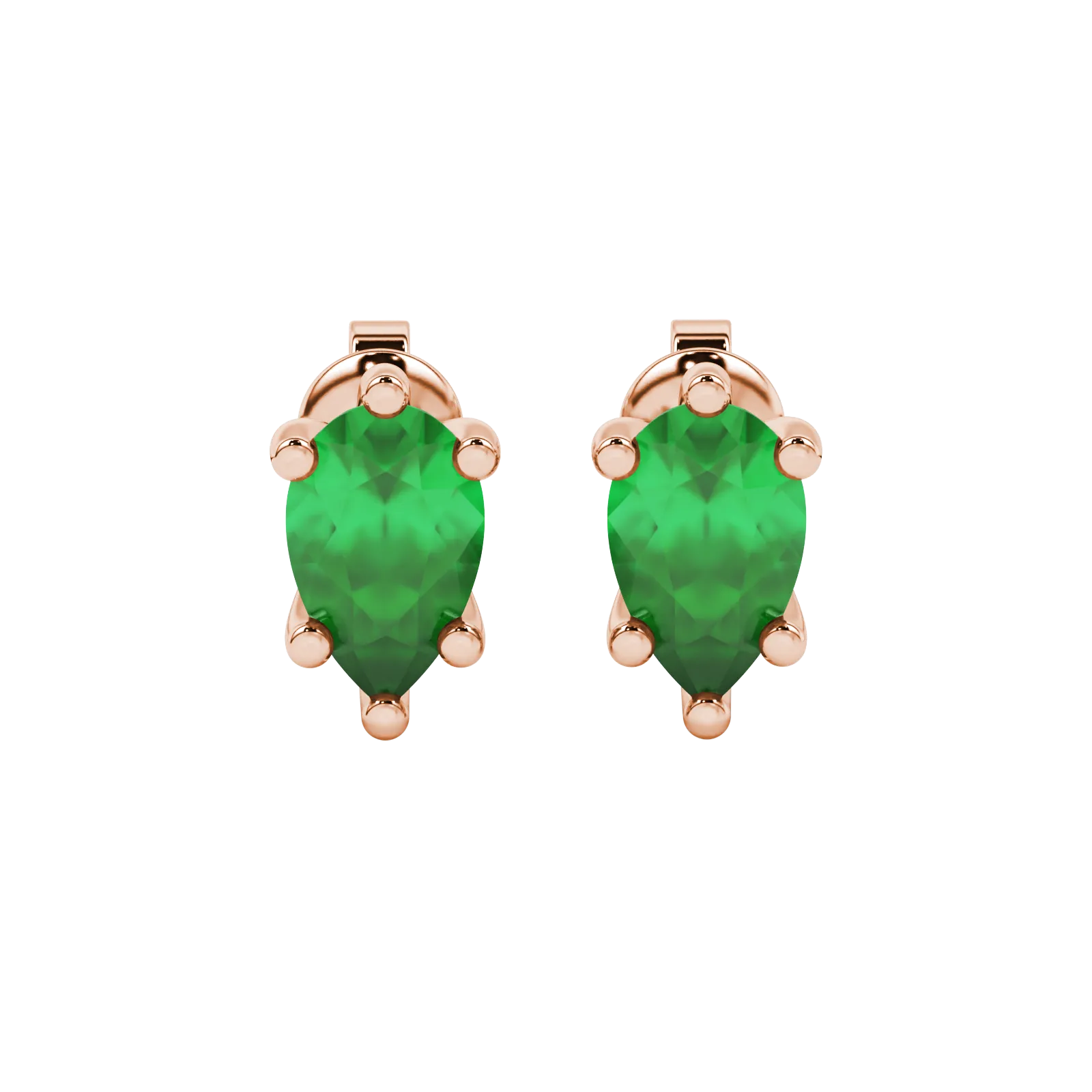 Pear shape emerald green gemstone earrings, rose gold six-prong setting.