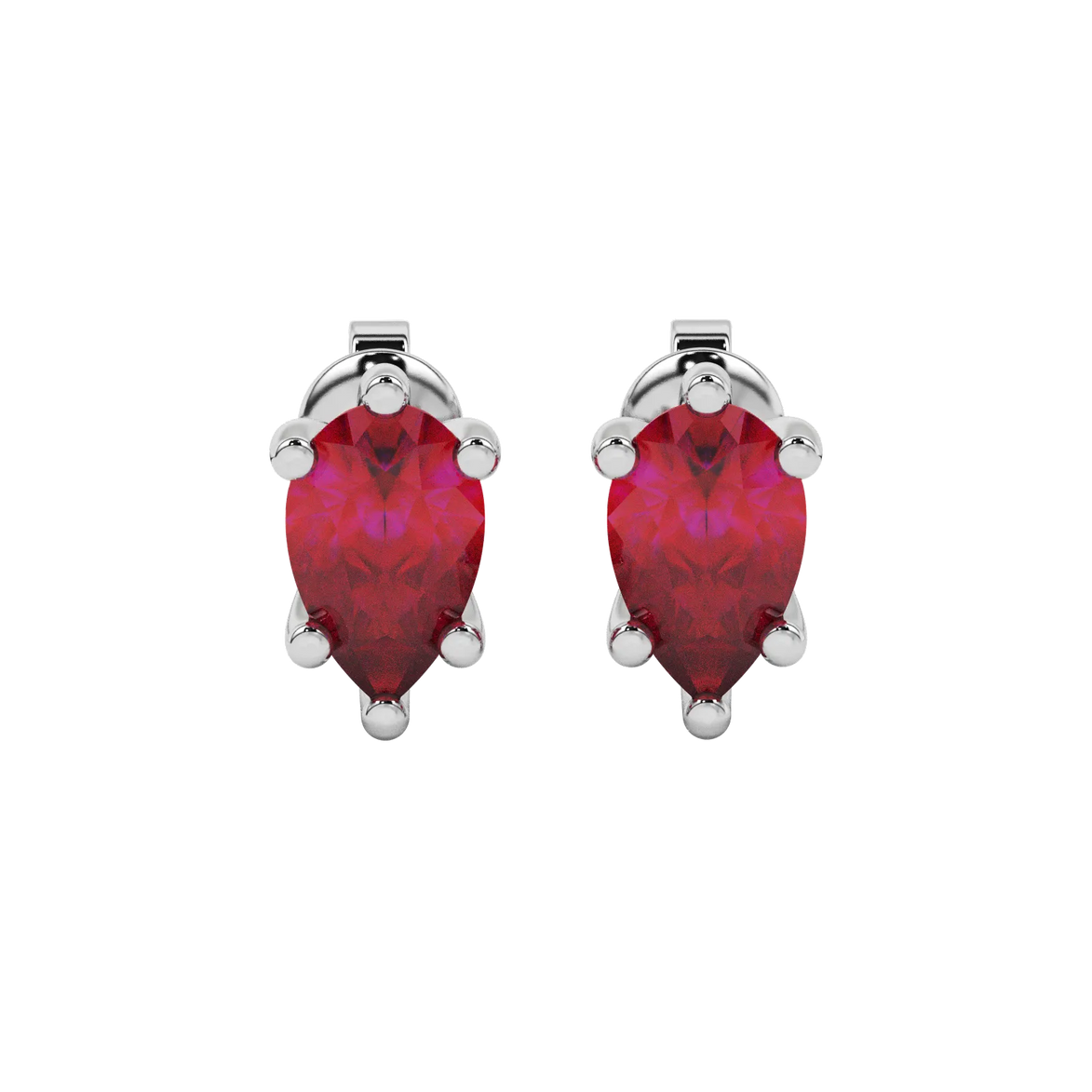 Pear shape raspberry red gemstone earrings, white gold six-prong setting.