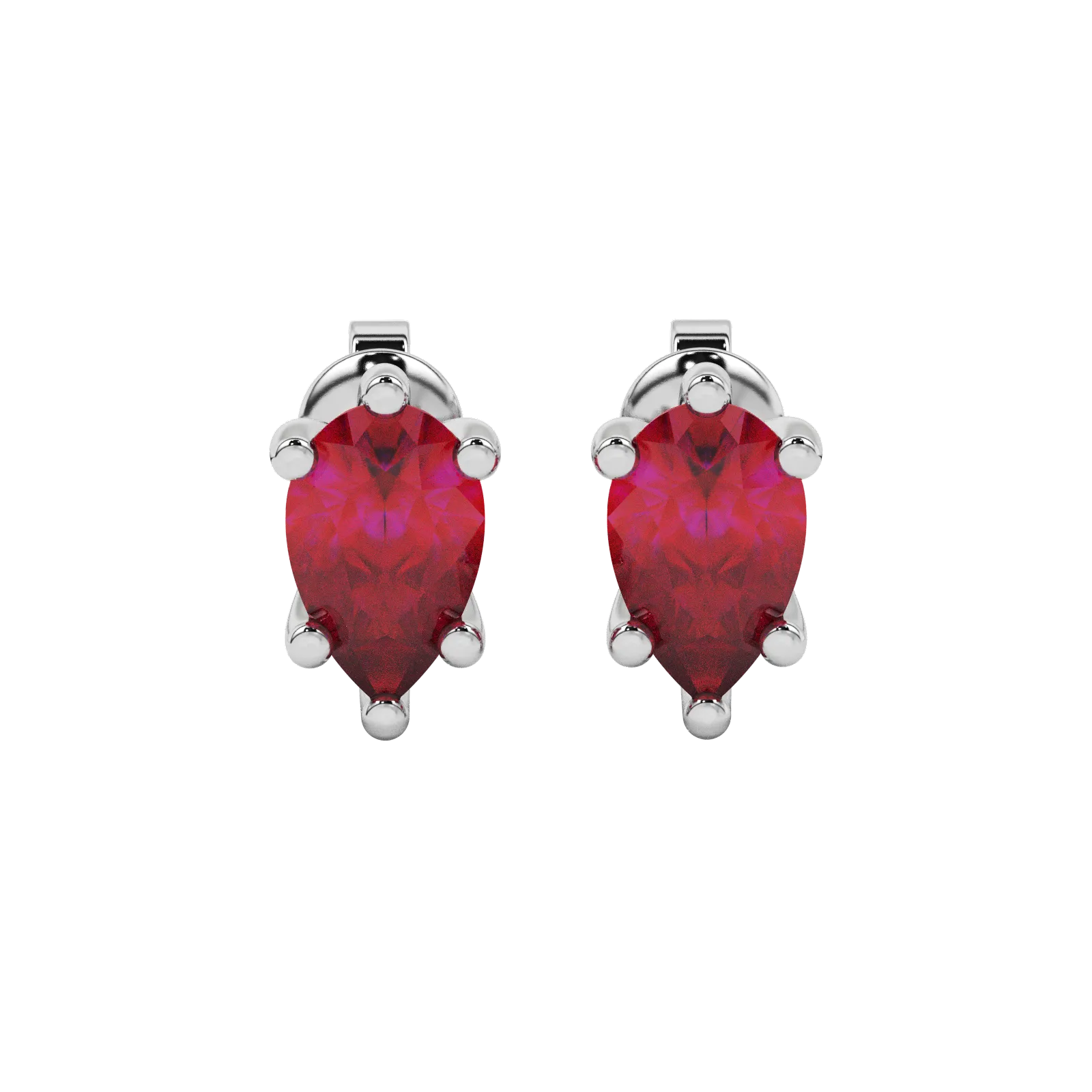 Pear shape raspberry red gemstone earrings, white gold six-prong setting.