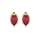 Pear shape raspberry red gemstone earrings, yellow gold six-prong setting.