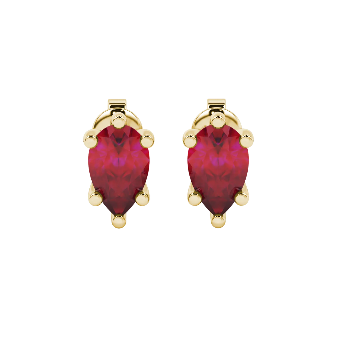 Pear shape raspberry red gemstone earrings, yellow gold six-prong setting.