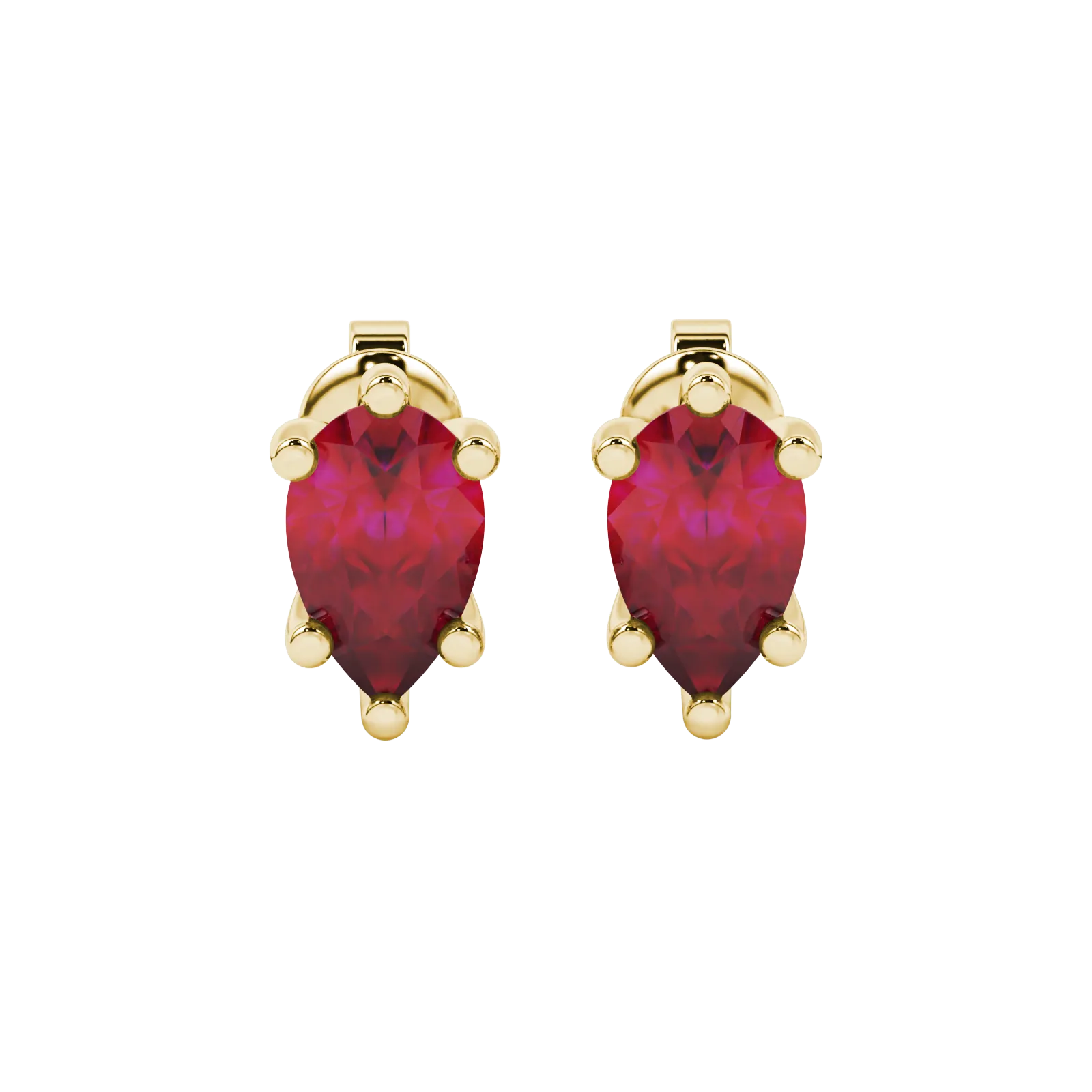 Pear shape raspberry red gemstone earrings, yellow gold six-prong setting.