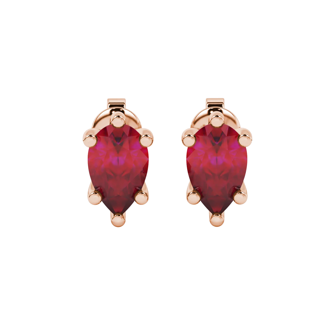 Pear shape raspberry red gemstone earrings, rose gold six-prong setting.