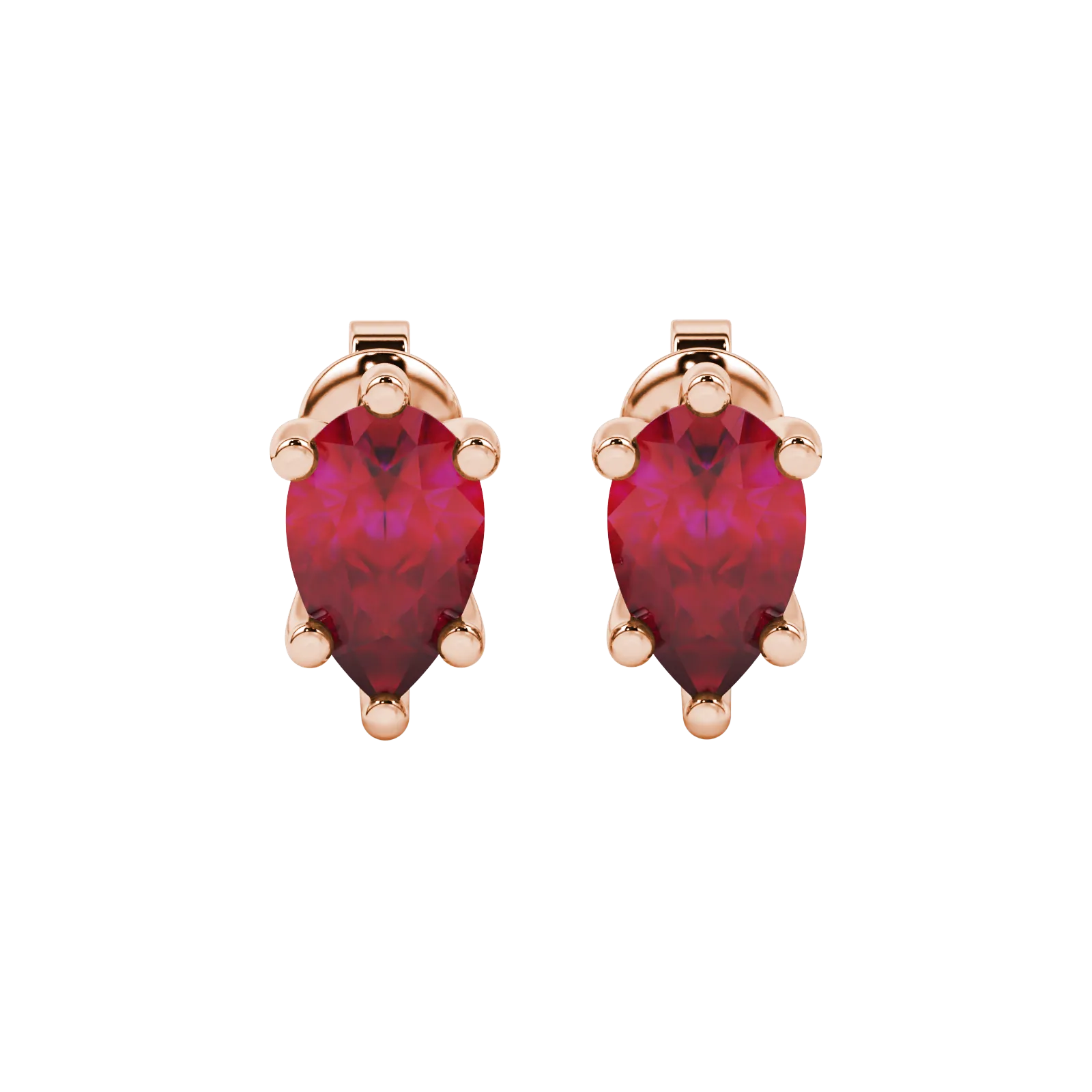 Pear shape raspberry red gemstone earrings, rose gold six-prong setting.