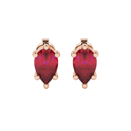 Pear shape raspberry red gemstone earrings, rose gold six-prong setting.