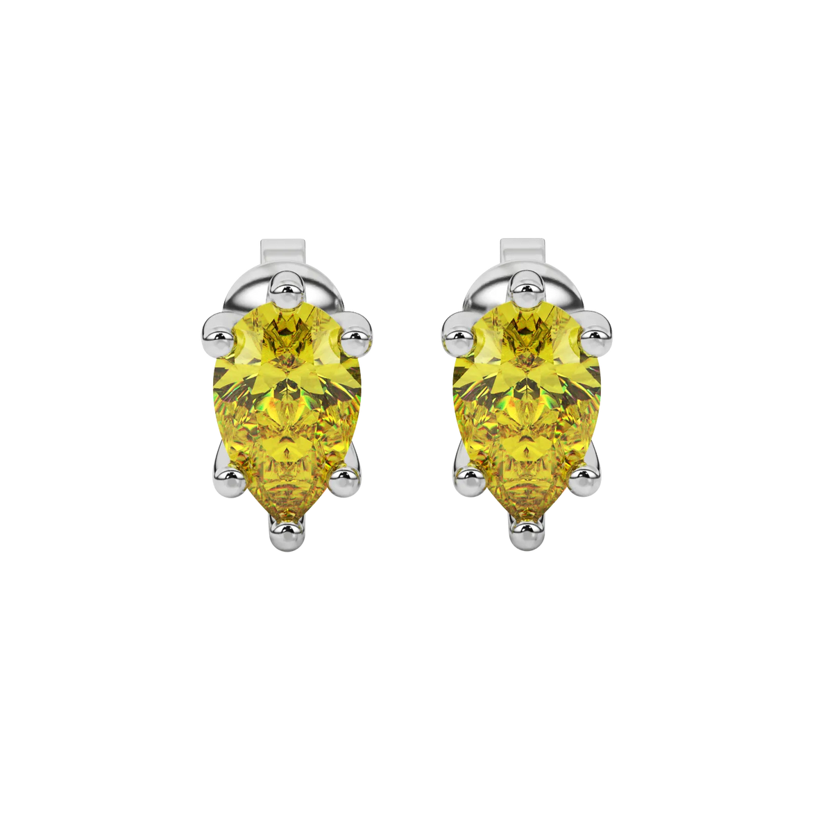 Pear shape canary yellow gemstone earrings, white gold six-prong setting.