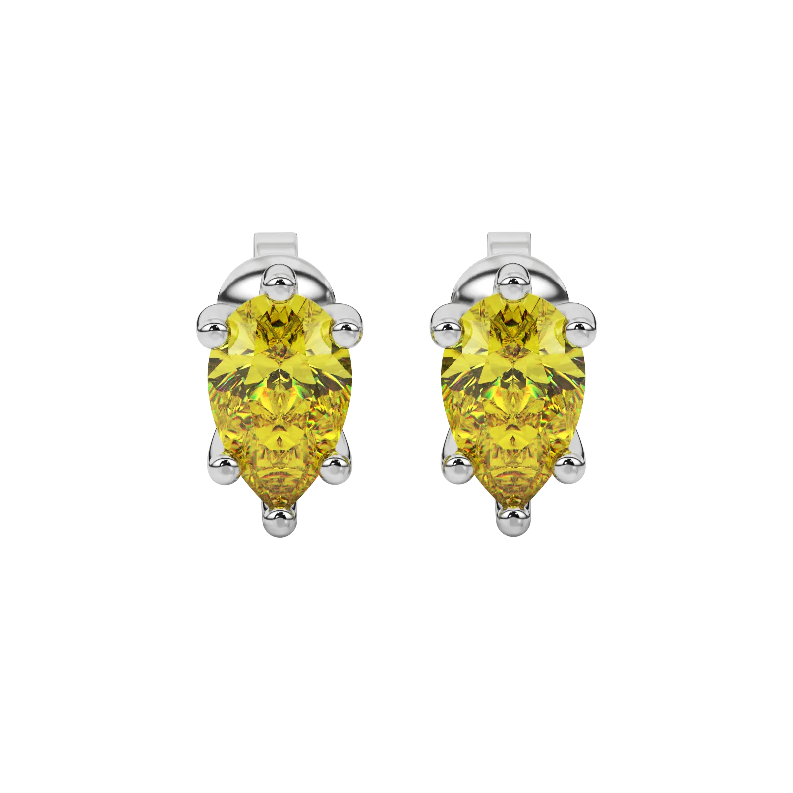 Pear shape canary yellow gemstone earrings, white gold six-prong setting.