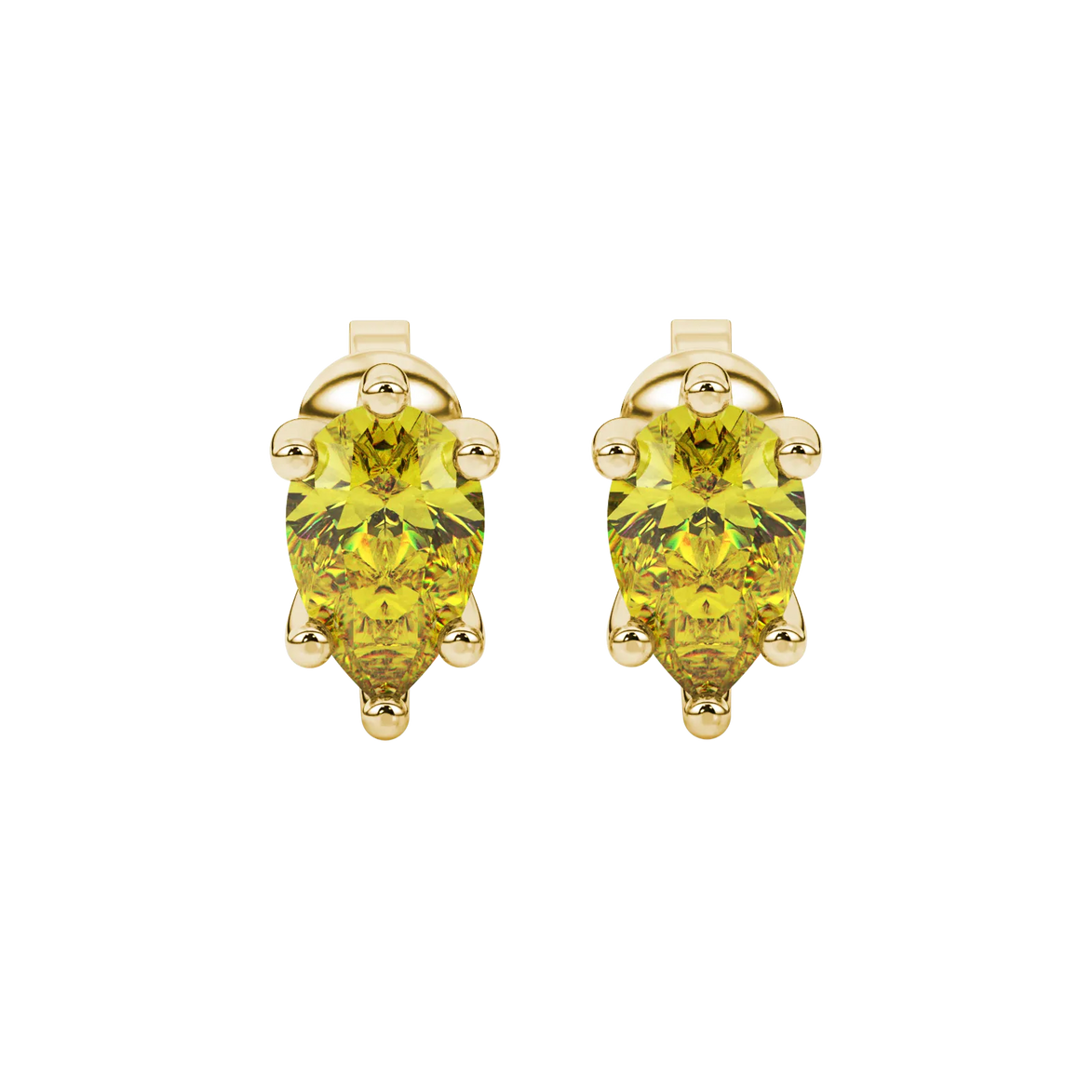 Pear shape canary yellow gemstone earrings, yellow gold six-prong setting.