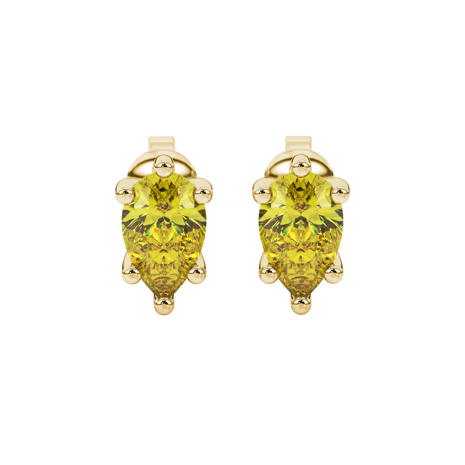 Pear shape canary yellow gemstone earrings, yellow gold six-prong setting.