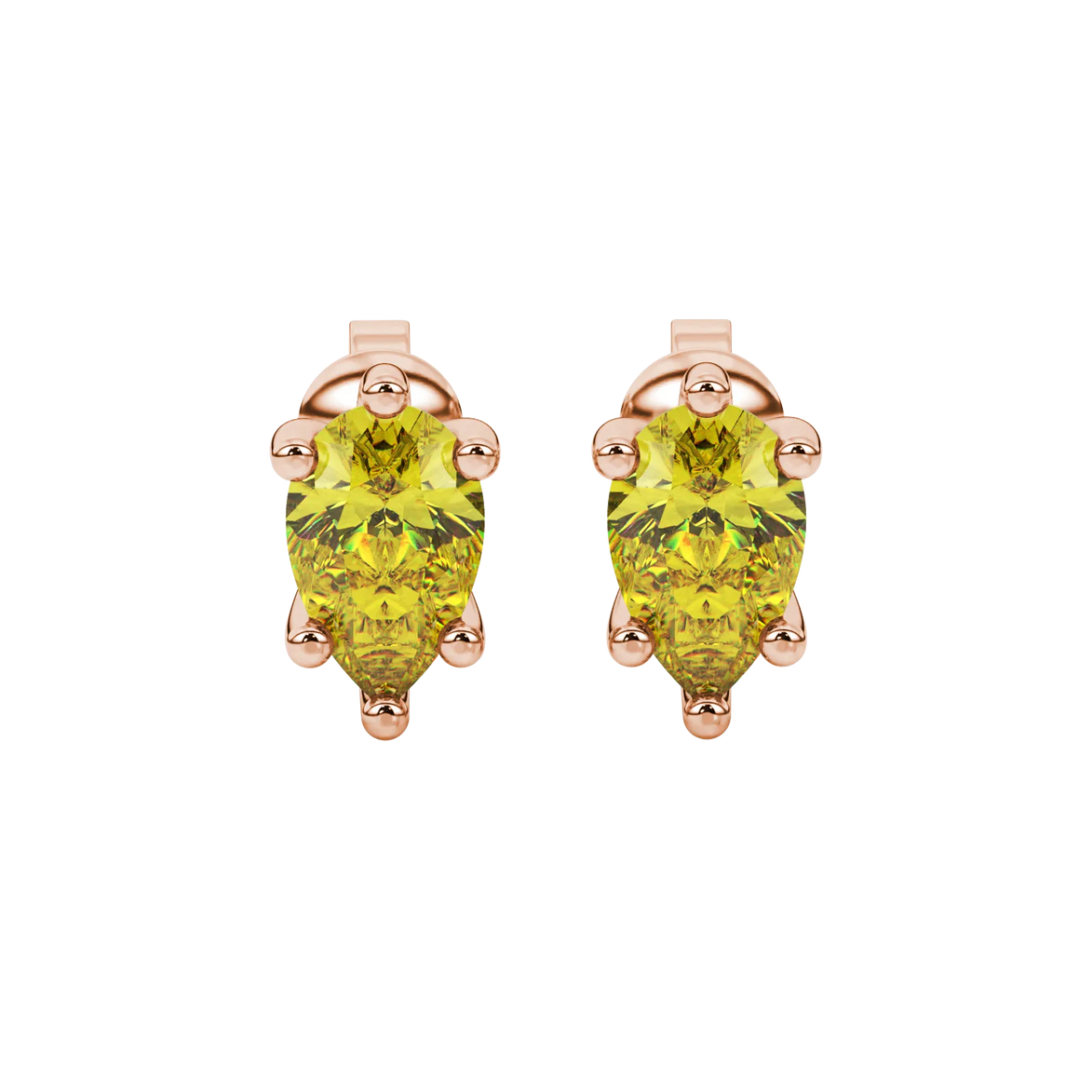 Pear shape canary yellow gemstone earrings, rose gold six-prong setting.