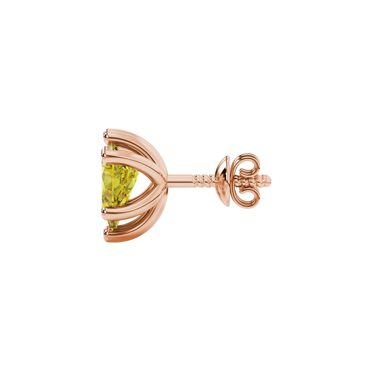 Side profile, rose gold canary yellow earrings, six-prong gallery.
