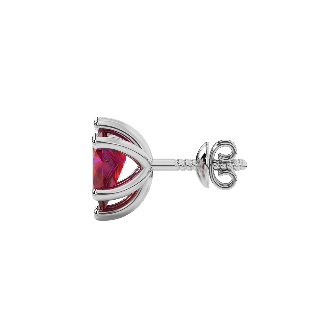 Side profile, white gold raspberry red earrings, six-prong gallery.