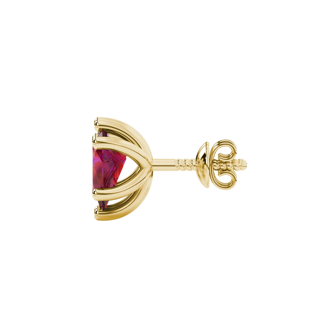 Side profile, yellow gold raspberry red earrings, six-prong gallery.