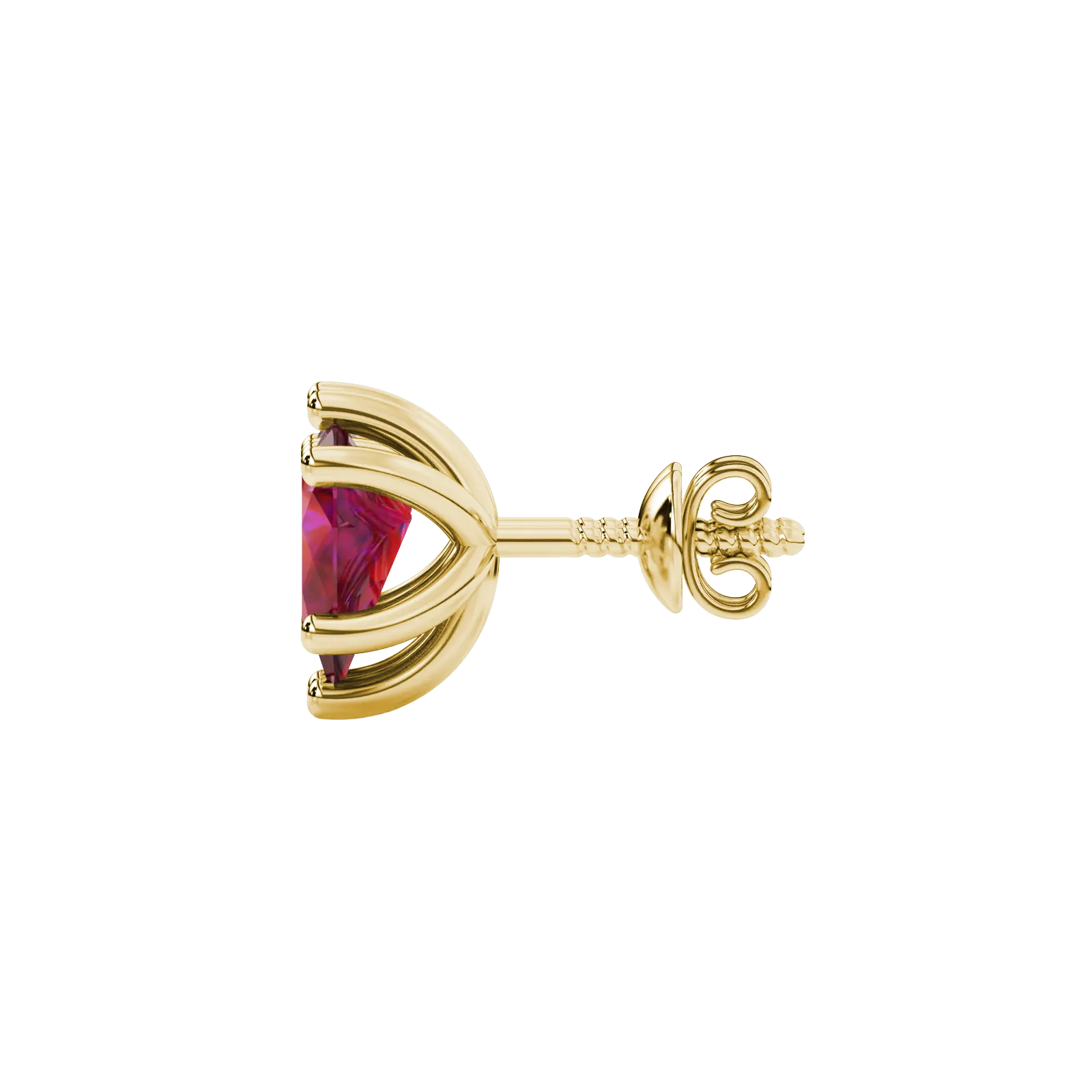 Side profile, yellow gold raspberry red earrings, six-prong gallery.