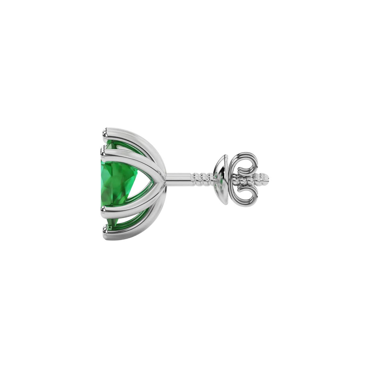 Side profile, white gold emerald green earrings, six-prong gallery.