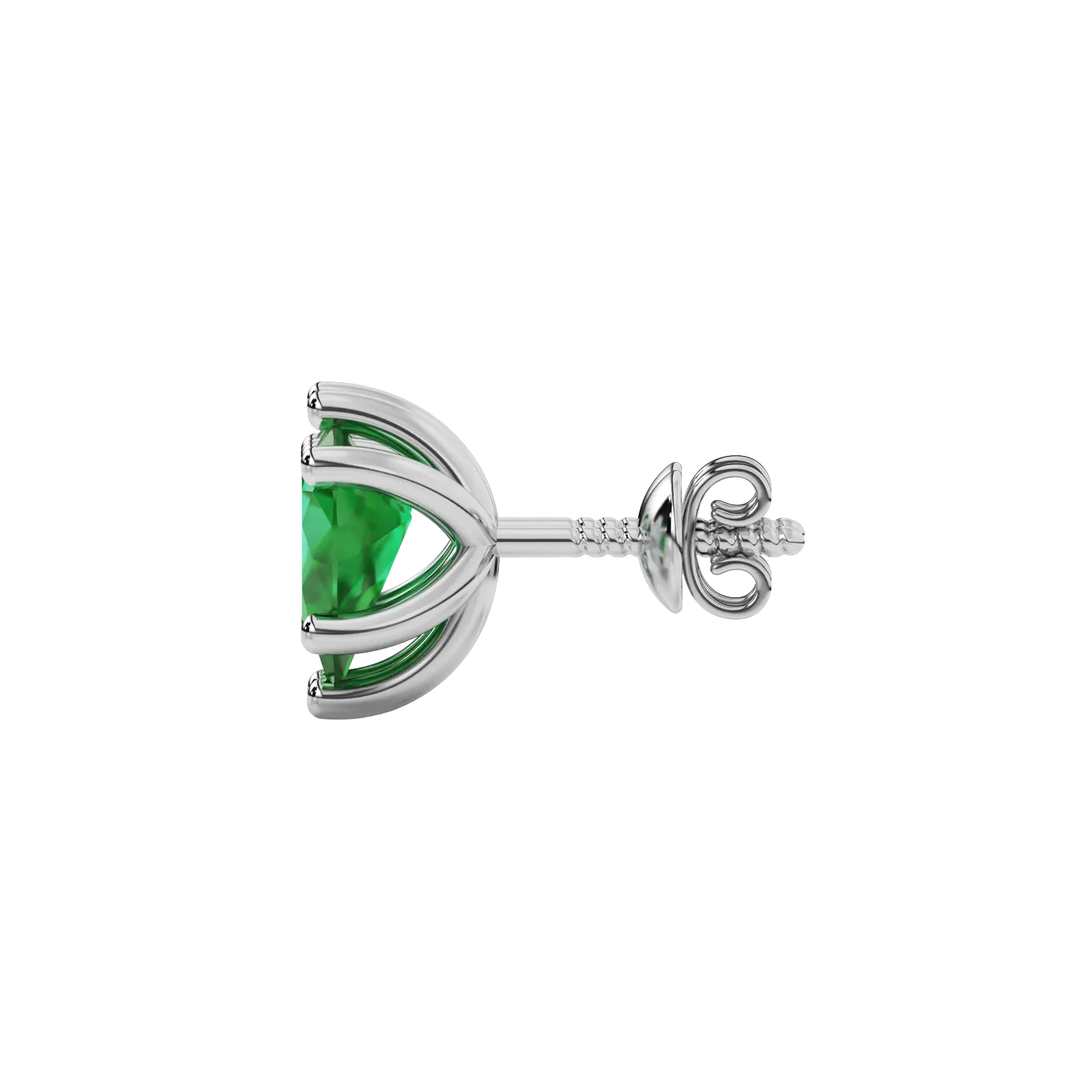 Side profile, white gold emerald green earrings, six-prong gallery.