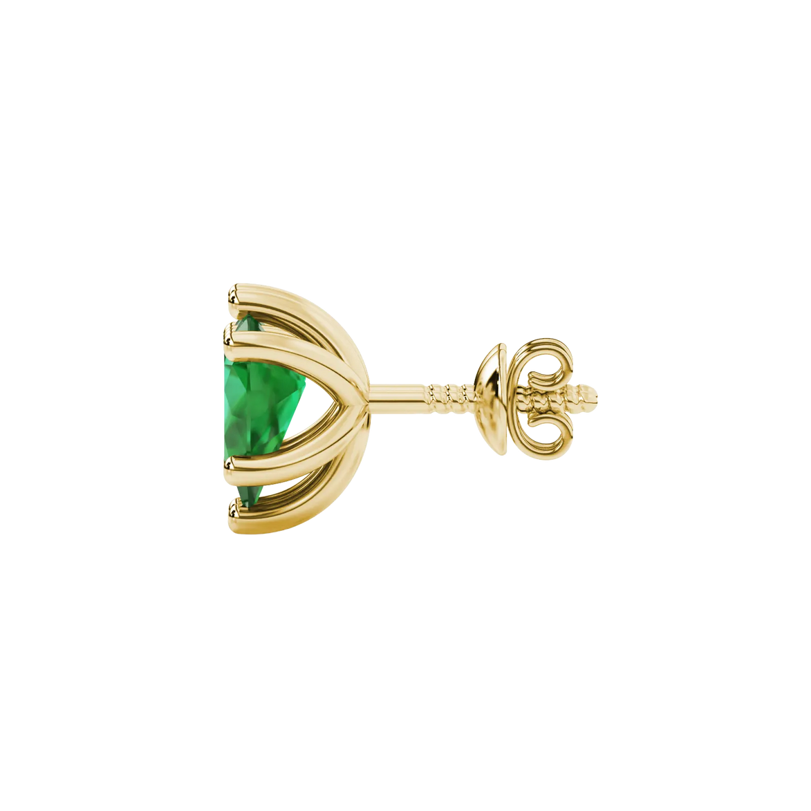 Side profile, yellow gold emerald green earrings, six-prong gallery.