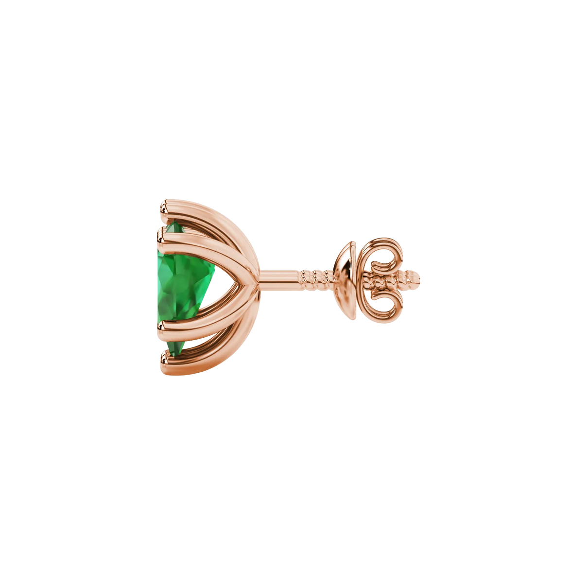 Side profile, rose gold emerald green earrings, six-prong gallery.