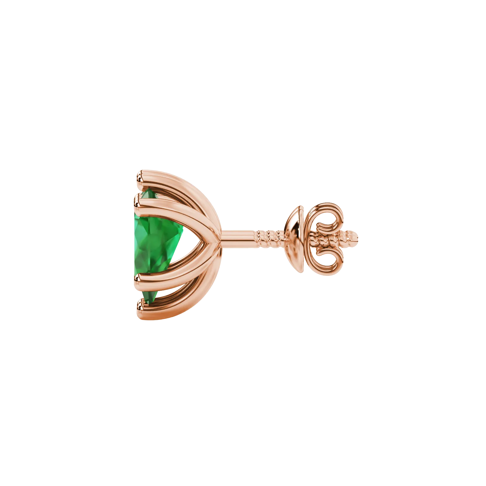 Side profile, rose gold emerald green earrings, six-prong gallery.