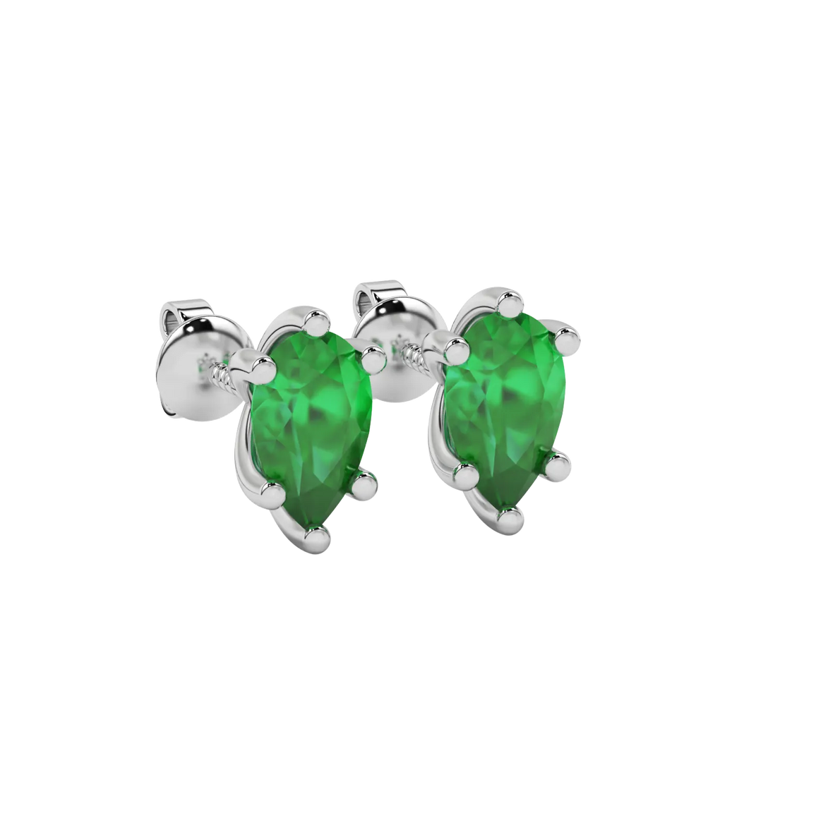 Close-up emerald green gemstone, white gold six-prong setting.